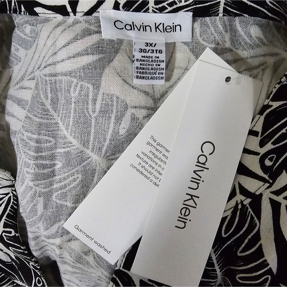 Calvin Klein Black White Tropical Palm Linen Blend Button Blouse Top Shirt 3X - Picture 11 of 11